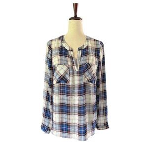 Anthropology Skies are Blue Top Womens Blue Plaid Chiffon Pockets Split Neck Med
